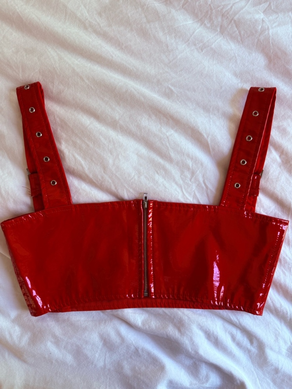Red Patent Leather Corset Crop Top Buckle Strap Vinyl Bustier M - Picture 3 of 8